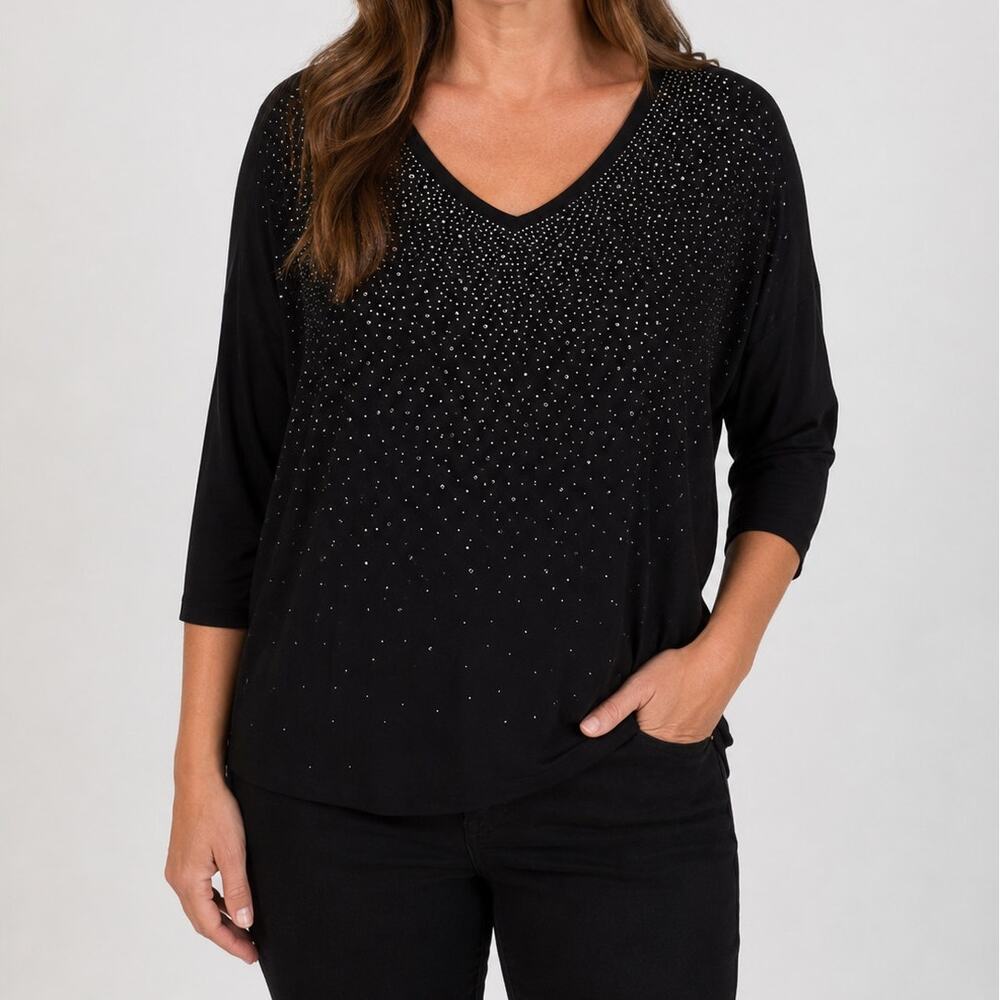 Design History Women's Black Rhinestone Shirt Size Large - 3/4 Sleeves